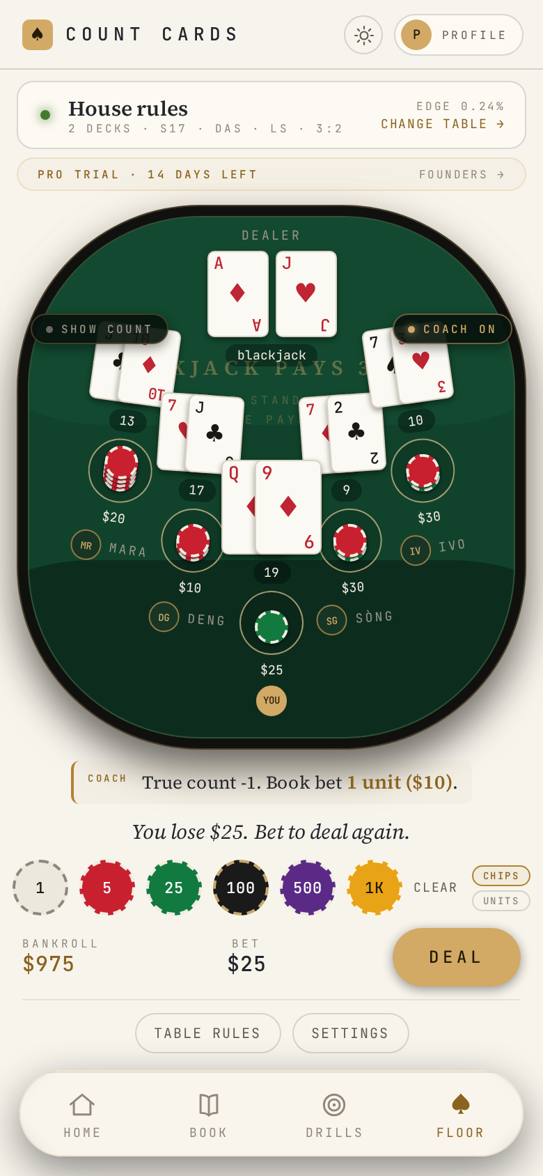 Count Cards table mid-hand in light mode