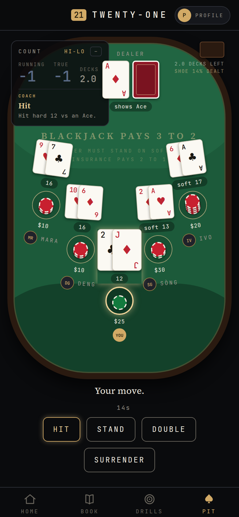 Count Cards table mid-hand, with the count and coach in view