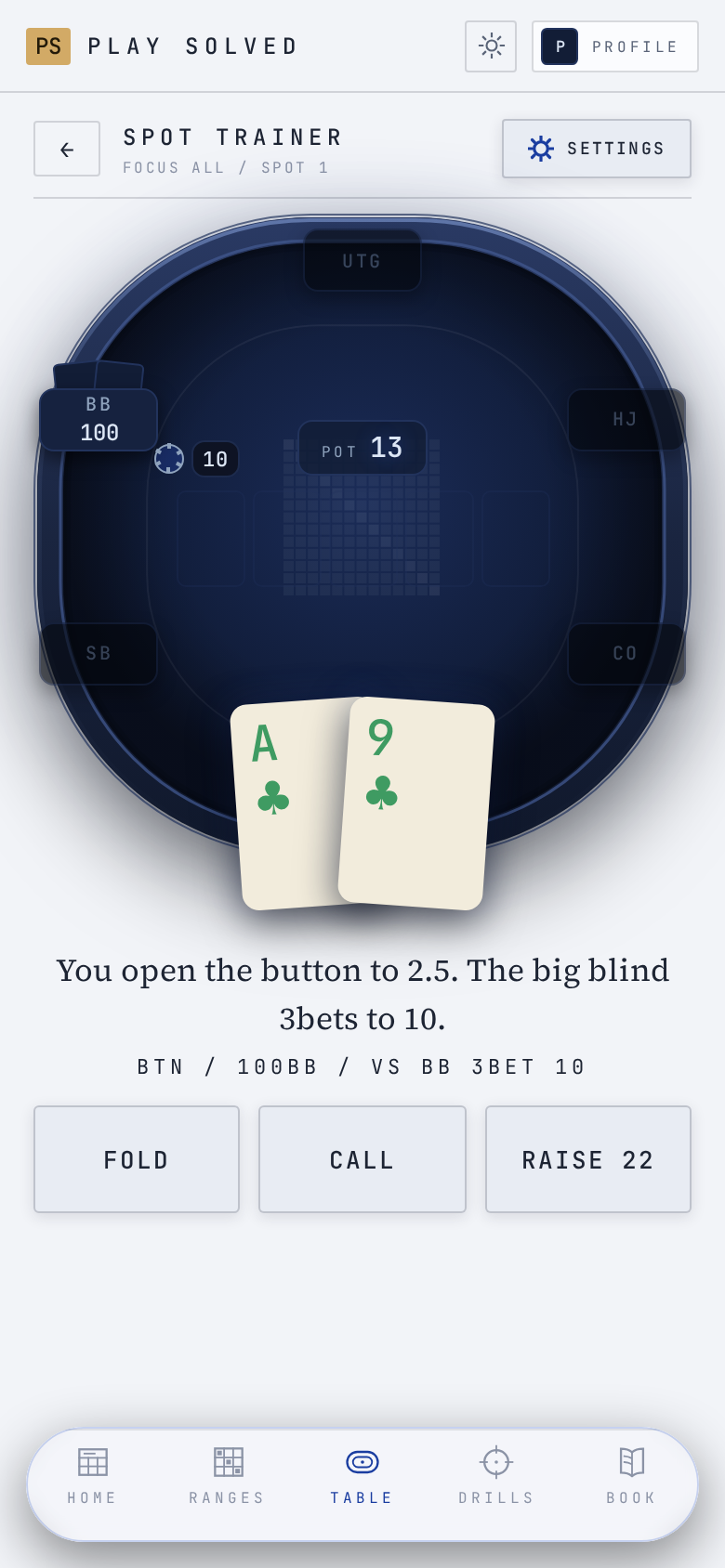 Play Solved spot trainer in light mode, the table ring still ink-dark