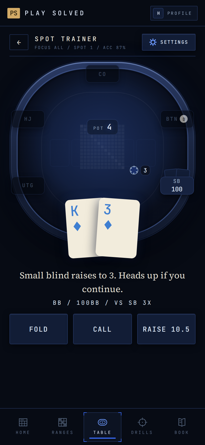 Play Solved spot trainer, a live three-bet decision on the table